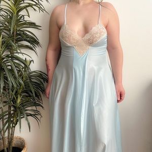 1970s Icy Blue Slip Gown with vintage lace